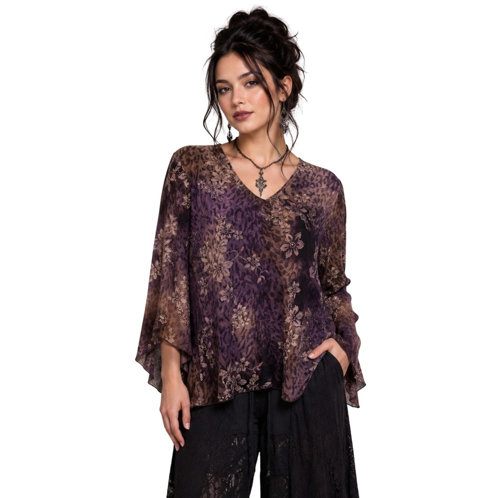 Vintage Fairy Whimsigoth Leopard Floral Bell Glitter Top Black‎ Purple Medium